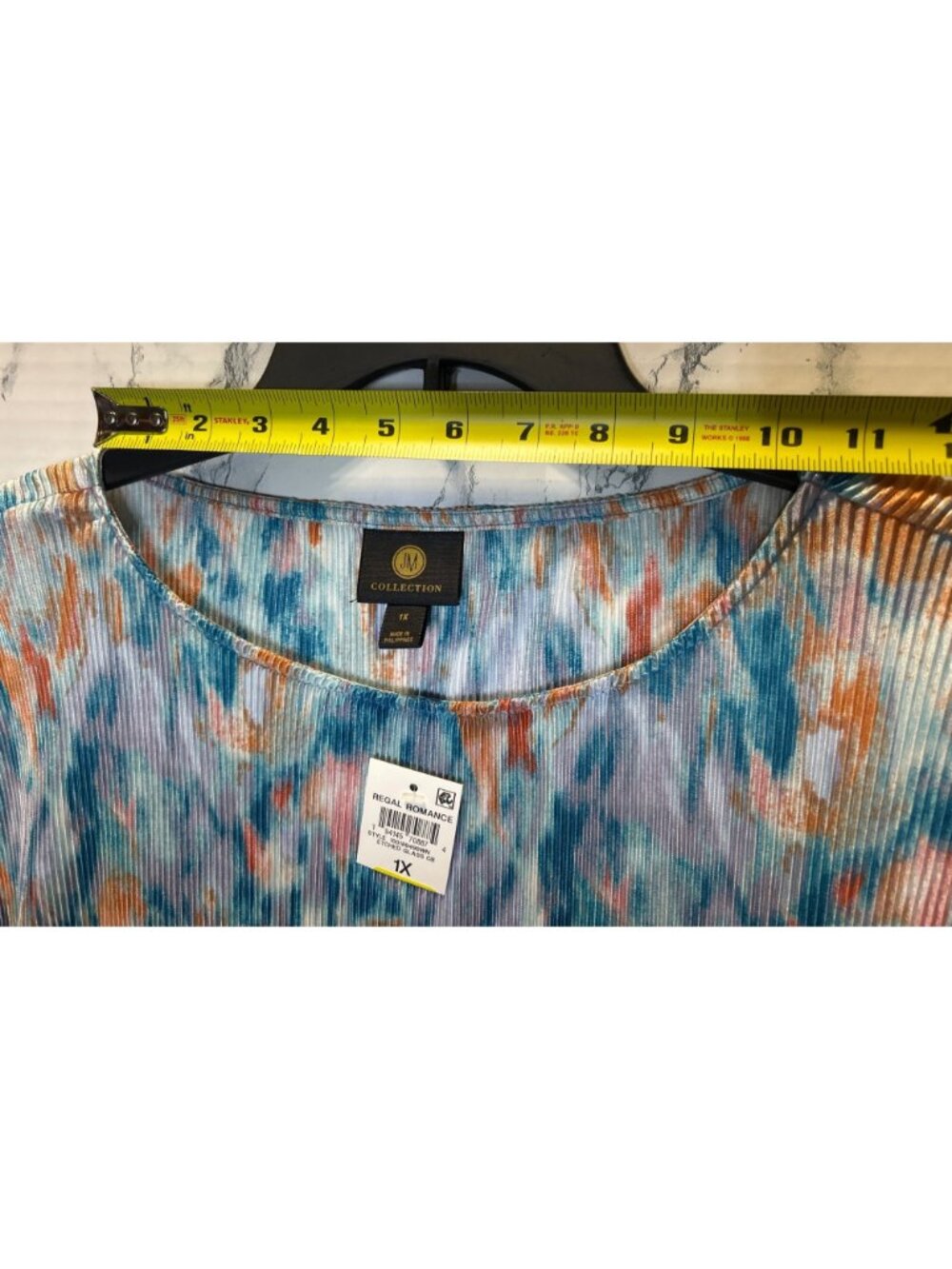 JM Collection 1X Multicolor Pleated Short Sleeve Top Etched Glass Pattern flowy - Picture 8 of 12